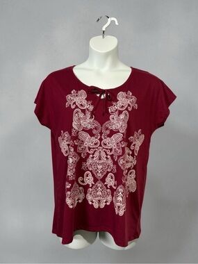 Classic Editions, Burgundy Paisley Tie Neck Top Short Sleeve, Large